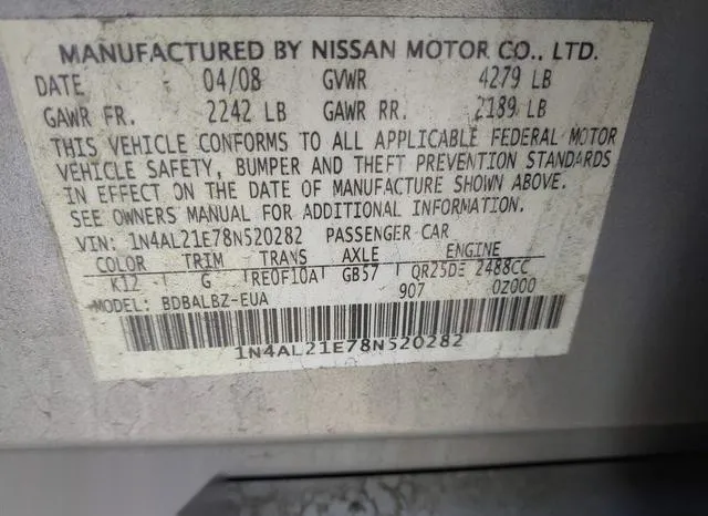 1N4AL21E78N520282 2008 2008 Nissan Altima- 2-5 S 9