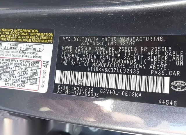 4T1BK46K37U032135 2007 2007 Toyota Camry- Se V6 9