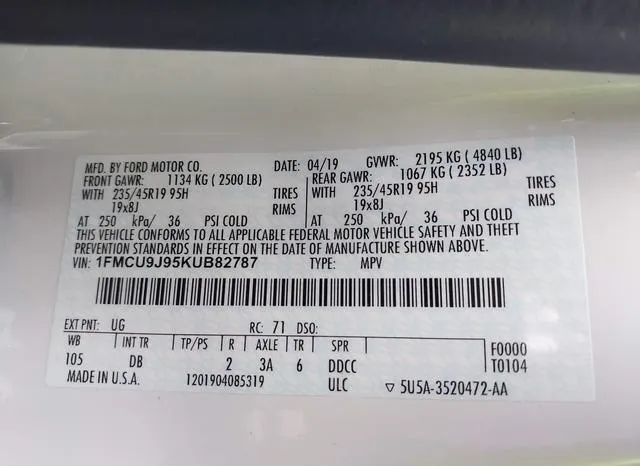 1FMCU9J95KUB82787 2019 2019 Ford Escape- Titanium 9