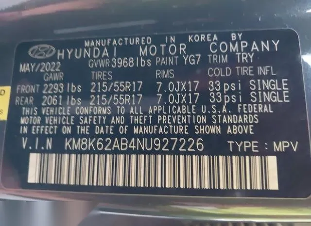 KM8K62AB4NU927226 2022 2022 Hyundai Kona- Sel 9