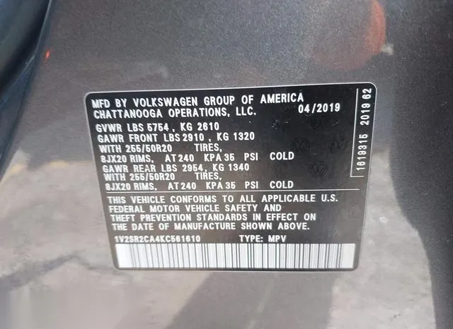 1V2SR2CA4KC561610 2019 2019 Volkswagen Atlas- 3-6L V6 Sel R 9