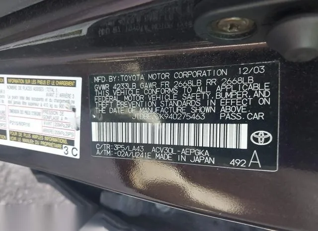 JTDBE32K940275463 2004 2004 Toyota Camry- Xle 9