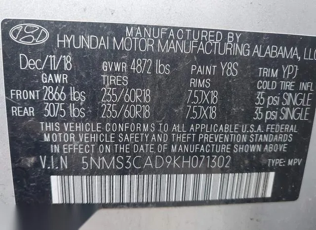 5NMS3CAD9KH071302 2019 2019 Hyundai Santa Fe- Sel Plus 9