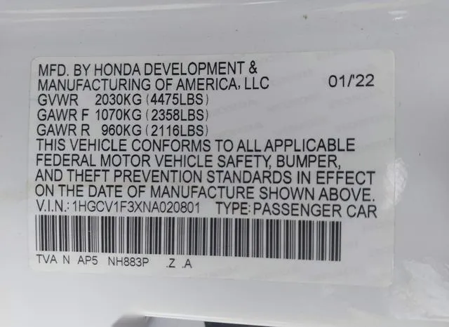 1HGCV1F3XNA020801 2022 2022 Honda Accord- Sport 9