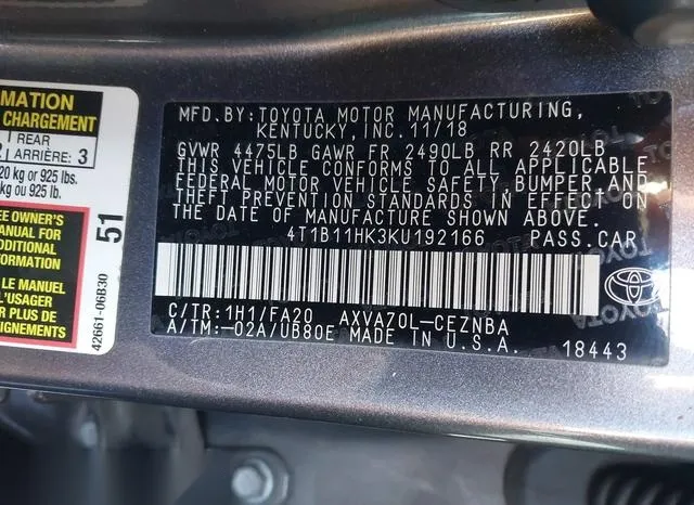 4T1B11HK3KU192166 2019 2019 Toyota Camry- LE 9