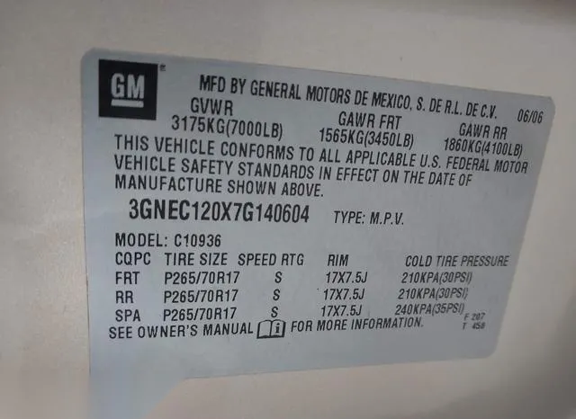 3GNEC120X7G140604 2007 2007 Chevrolet Avalanche 1500- LS 9