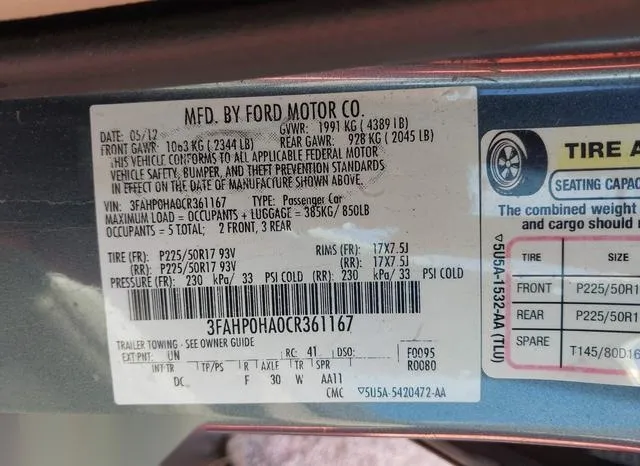 3FAHP0HA0CR361167 2012 2012 Ford Fusion- SE 9