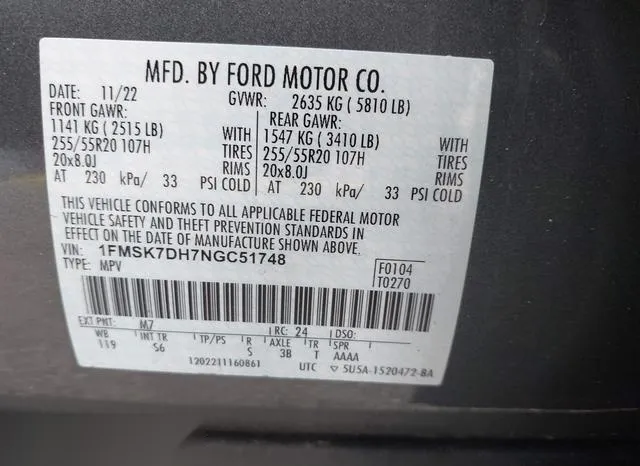 1FMSK7DH7NGC51748 2022 2022 Ford Explorer- Xlt 9