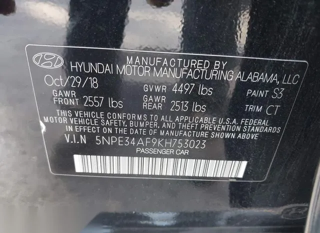 5NPE34AF9KH753023 2019 2019 Hyundai Sonata- Sel 9