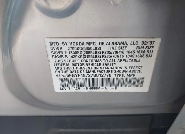 5FNYF18727B012770 2007 2007 Honda Pilot- Ex-L 9