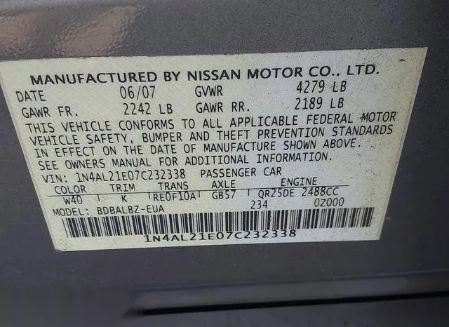 1N4AL21E07C232338 2007 2007 Nissan Altima- 2-5 S 9