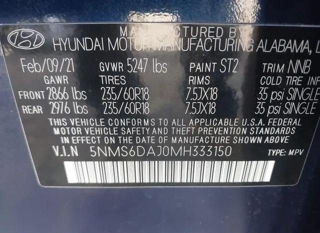 5NMS6DAJ0MH333150 2021 2021 Hyundai Santa Fe- Sel 9