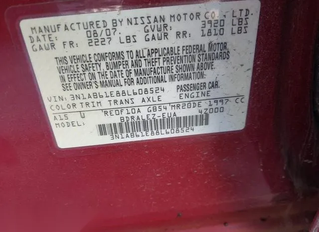 3N1AB61E88L608524 2008 2008 Nissan Sentra- 2-0S 9