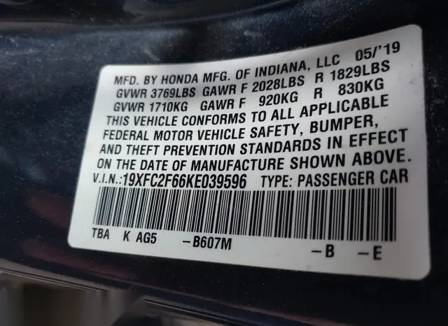 19XFC2F66KE039596 2019 2019 Honda Civic- LX 9