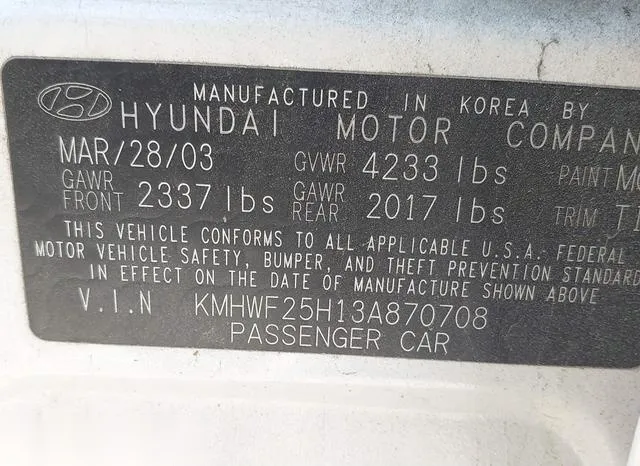 KMHWF25H13A870708 2003 2003 Hyundai Sonata- Base W/2-7L V6 9