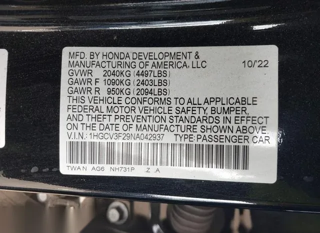 1HGCV3F29NA042937 2022 2022 Honda Accord- Hybrid Sport 9