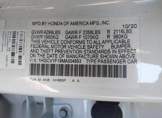 1HGCV1F19MA004893 2021 2021 Honda Accord- LX 9