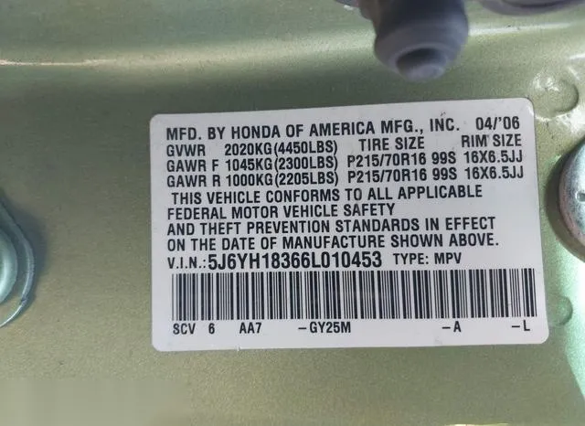 5J6YH18366L010453 2006 2006 Honda Element- LX 9