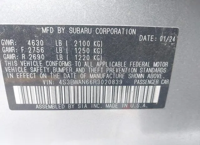 4S3BWAN66R3020839 2024 2024 Subaru Legacy- Limited 9