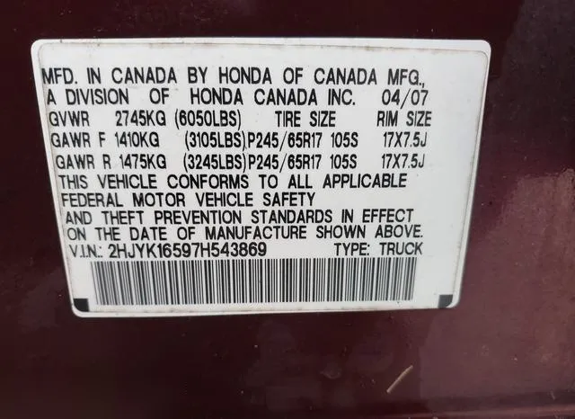 2HJYK16597H543869 2007 2007 Honda Ridgeline- Rtl 9