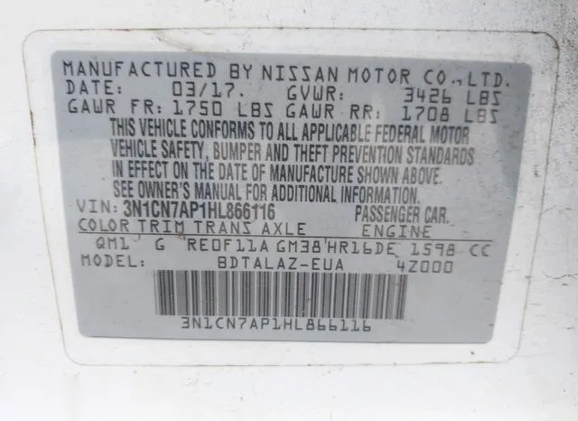 3N1CN7AP1HL866116 2017 2017 Nissan Versa- S/S Plus/Sv/Sl 9