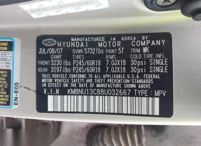 KM8NU13C88U032667 2008 2008 Hyundai Veracruz- Gls/Limited/Se 9