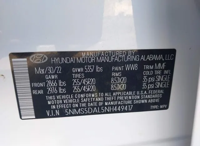 5NMS5DAL5NH449417 2022 2022 Hyundai Santa Fe- Calligraphy 9