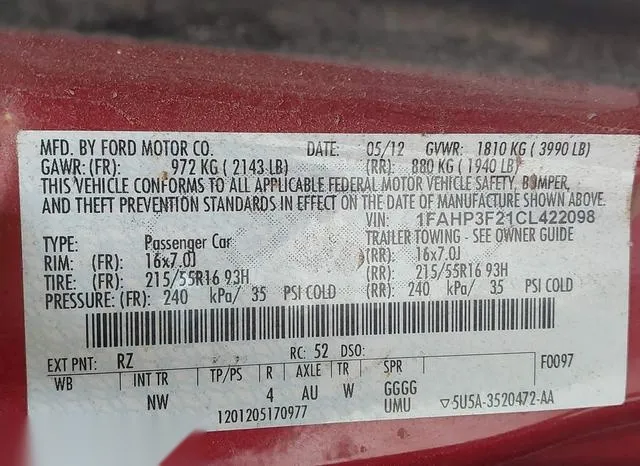 1FAHP3F21CL422098 2012 2012 Ford Focus- SE 9