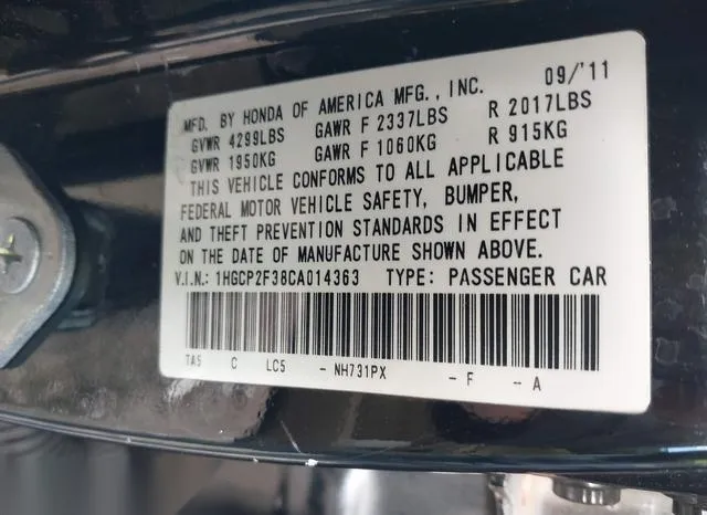 1HGCP2F38CA014363 2012 2012 Honda Accord- 2-4 LX 9