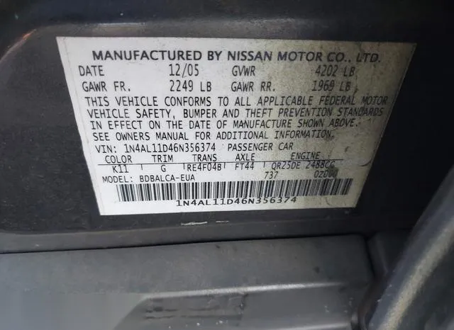 1N4AL11D46N356374 2006 2006 Nissan Altima- 2-5 S 9