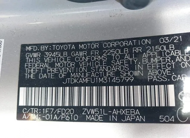 JTDKAMFU1M3145799 2021 2021 Toyota Prius- LE 9