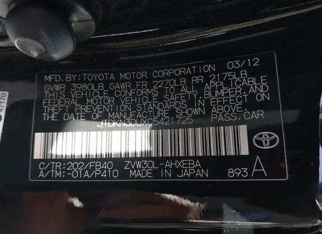 JTDKN3DUXC5421725 2012 2012 Toyota Prius- Three 9