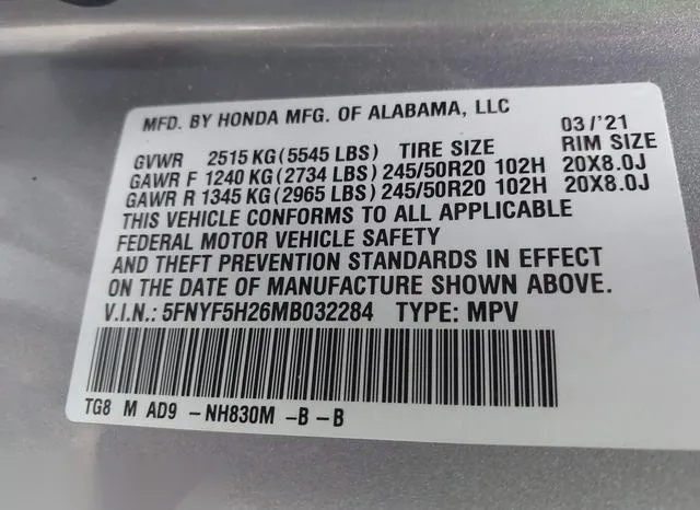 5FNYF5H26MB032284 2021 2021 Honda Pilot- 2Wd Special Edition 9