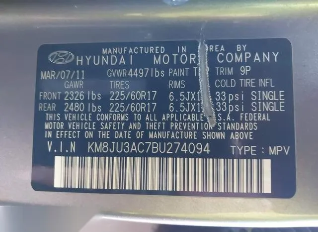 KM8JU3AC7BU274094 2011 2011 Hyundai Tucson- Gls 9