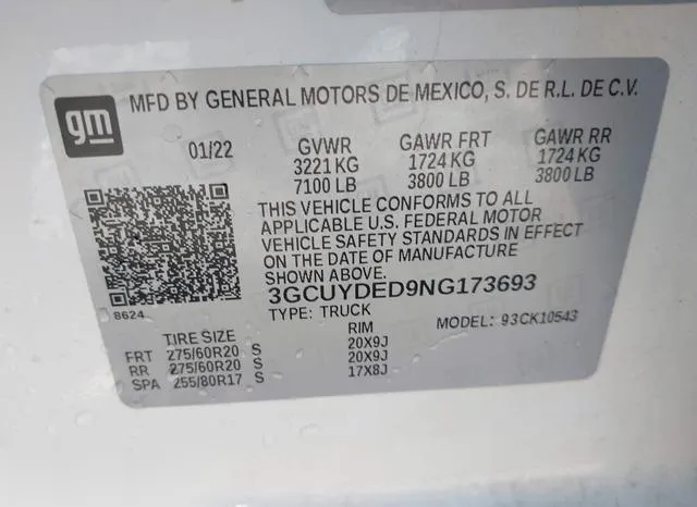 3GCUYDED9NG173693 2022 2022 Chevrolet Silverado 1500 9