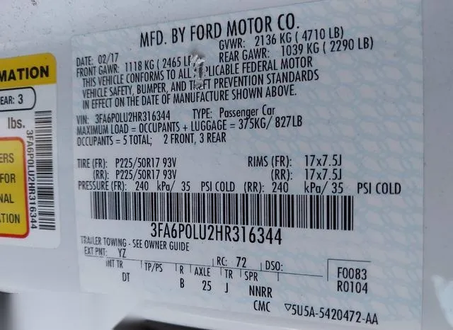 3FA6P0LU2HR316344 2017 2017 Ford Fusion- Hybrid SE 9