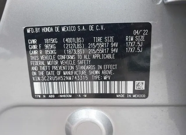 3CZRU5H52NM743315 2022 2022 Honda HR-V- 2Wd Ex 9