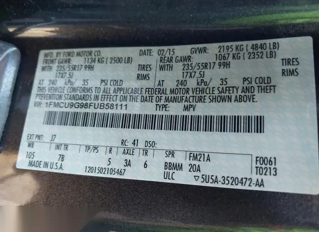 1FMCU9G98FUB58111 2015 2015 Ford Escape- SE 9