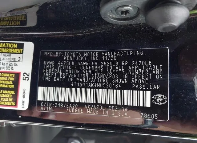 4T1G11AK4MU520164 2021 2021 Toyota Camry- SE 9