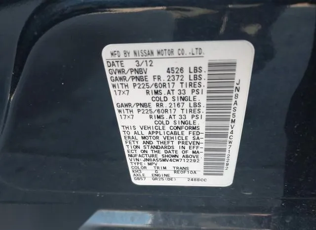 JN8AS5MV4CW712292 2012 2012 Nissan Rogue- SV 9