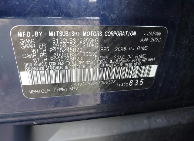 JA4J3UA89NZ069578 2022 2022 Mitsubishi Outlander- Black Edi 9