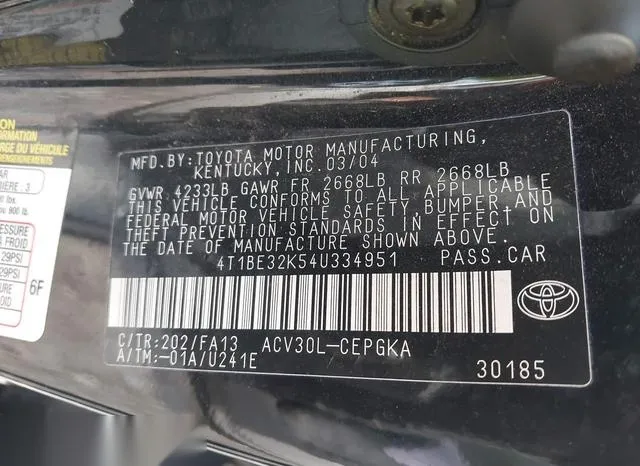 4T1BE32K54U334951 2004 2004 Toyota Camry- Xle 9