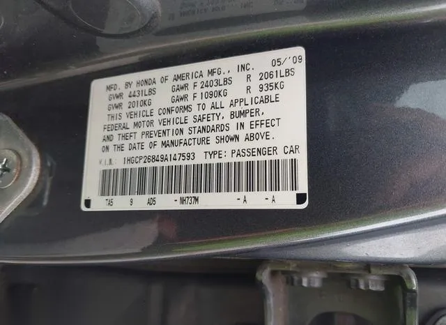 1HGCP26849A147593 2009 2009 Honda Accord- 2-4 Ex-L 9