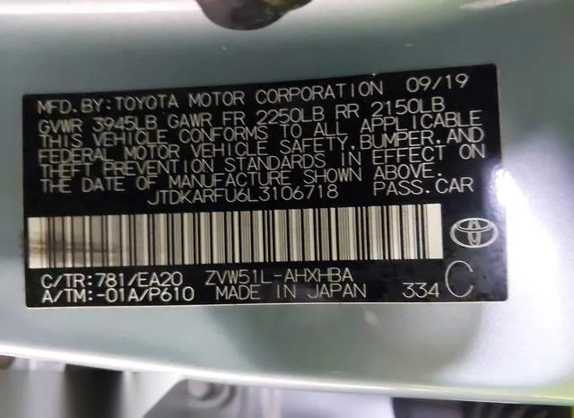 JTDKARFU6L3106718 2020 2020 Toyota Prius- Xle 9