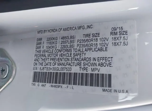 5J8TB3H30GL007533 2016 2016 Acura RDX- Acurawatch Plus Pkg 9