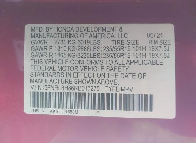 5FNRL6H86NB017275 2022 2022 Honda Odyssey- Touring 9