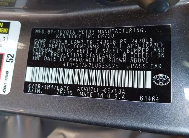 4T1F31AK7LU535925 2020 2020 Toyota Camry- Xle Hybrid 9