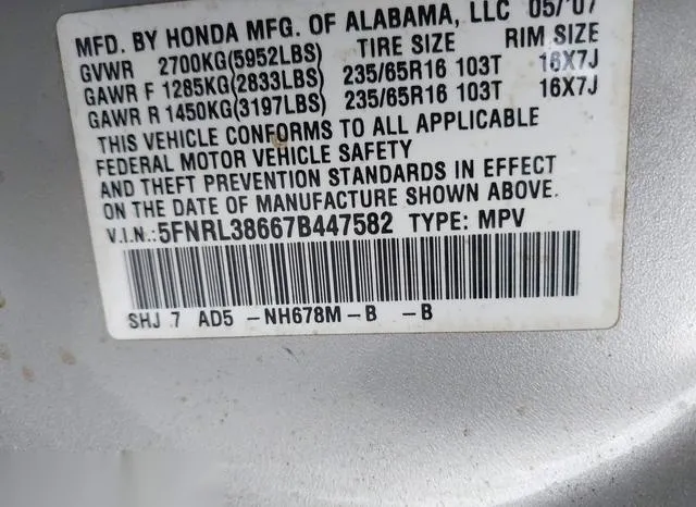 5FNRL38667B447582 2007 2007 Honda Odyssey- Ex-L 9