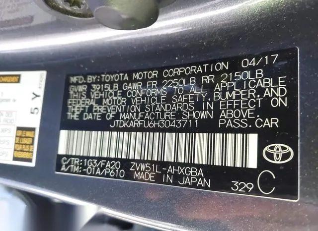 JTDKARFU6H3043711 2017 2017 Toyota Prius- Three 9