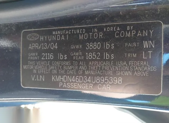 KMHDN46D34U895398 2004 2004 Hyundai Elantra- Gls/Gt 9